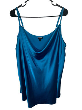 Torrid Teal Satin Draped Cowl Neck Loose Fit Cami Tank Top With Adjustable Strap